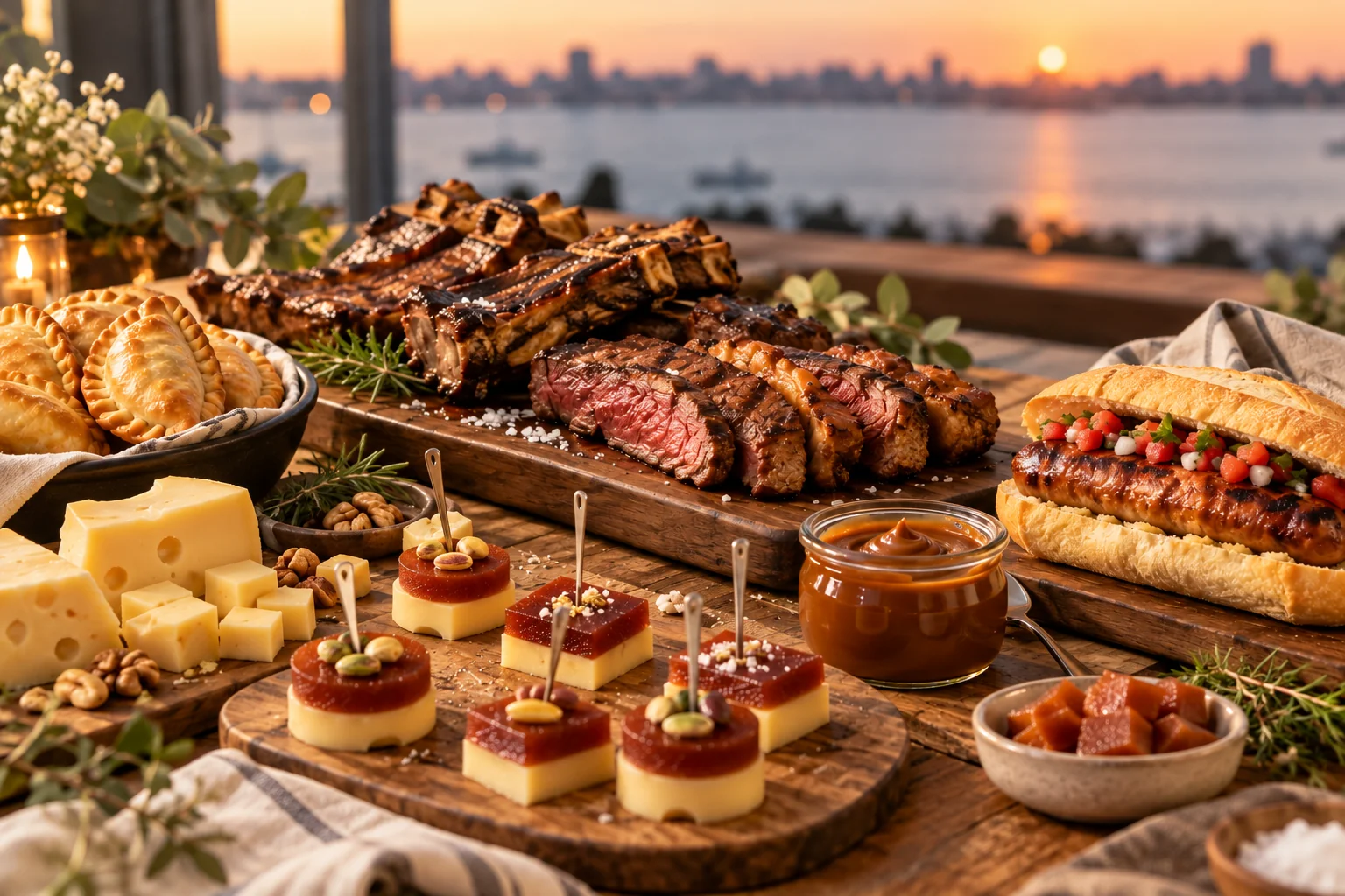 A selection of Uruguayan meats, empanadas, cheeses and desserts