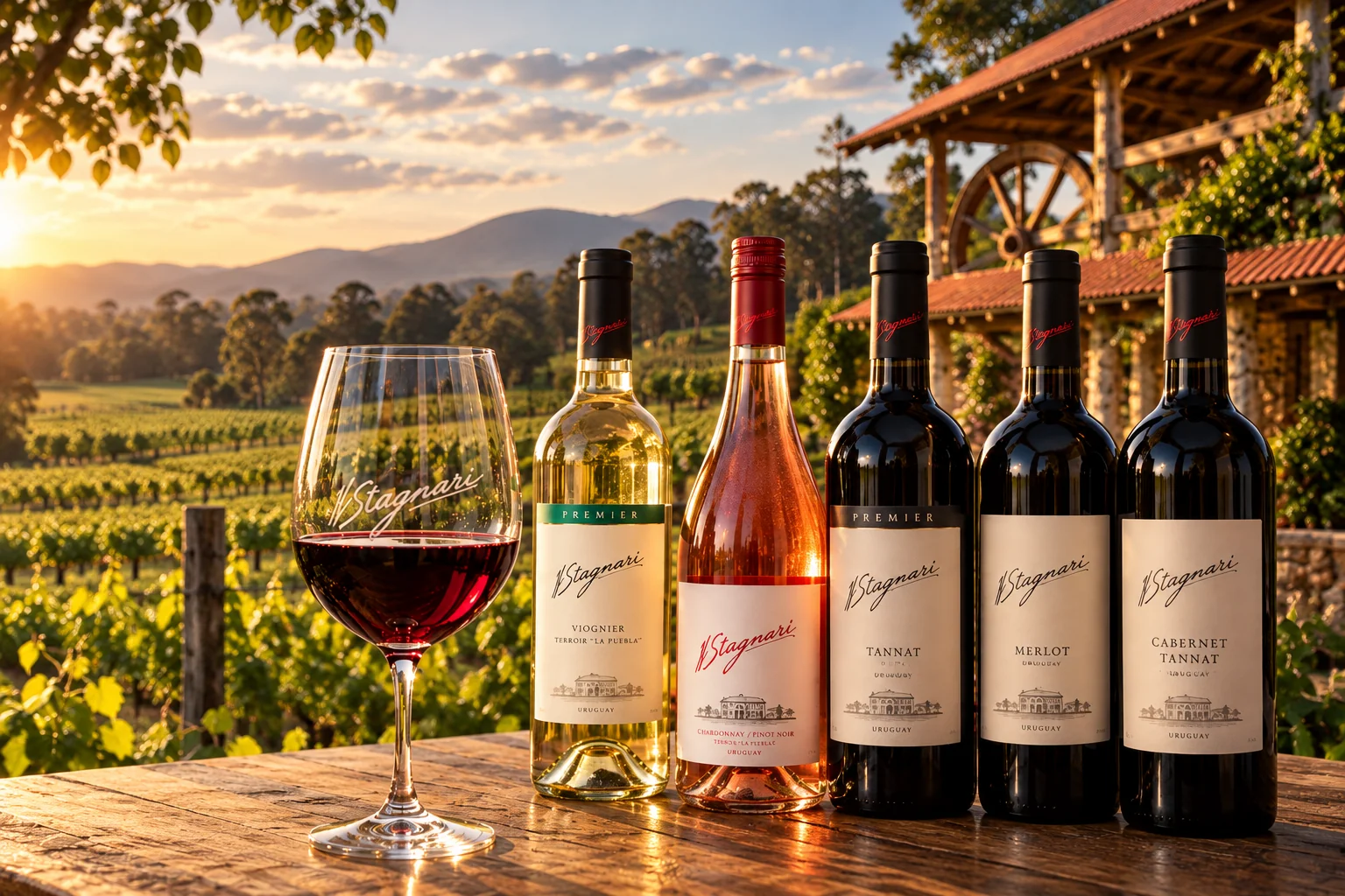 Stagnari wine bottles and a glass of wine overlooking a vineyard